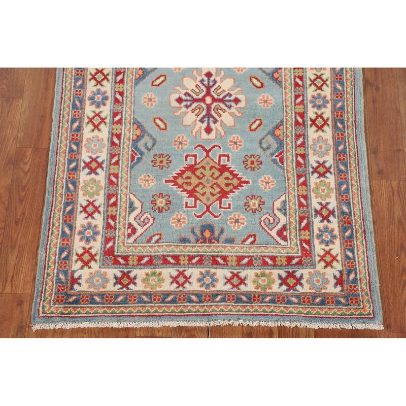 Light Blue Kazak Oriental Foyer Rug Handmade Geometric Wool Carpet - 2'8" x 4'0"