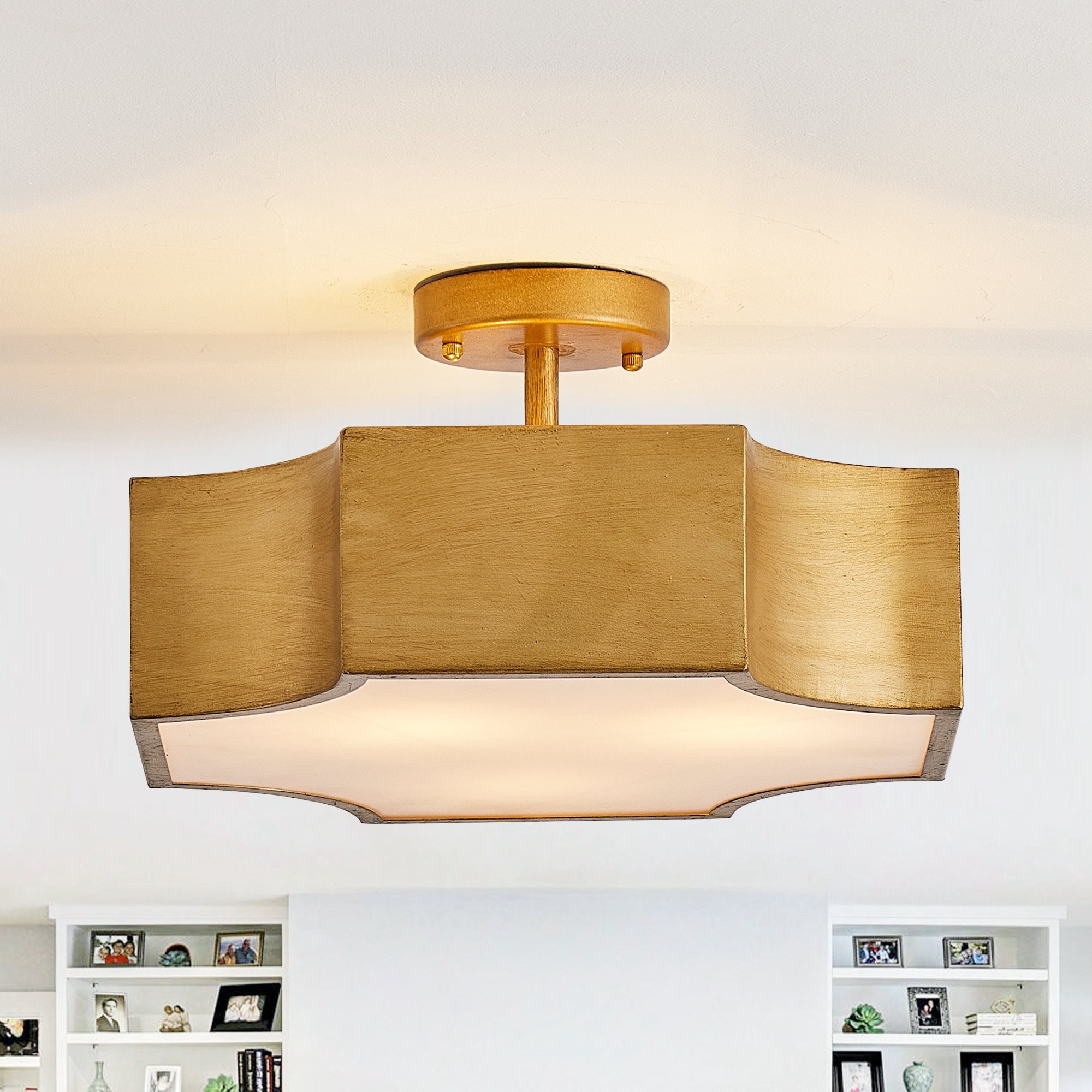15" Bohemian 3-Light Antique Gold Dimmable Semi-Flush Mount Ceiling Light with Acrylic Light Shade - 15" W x 15" D x 8.3" H