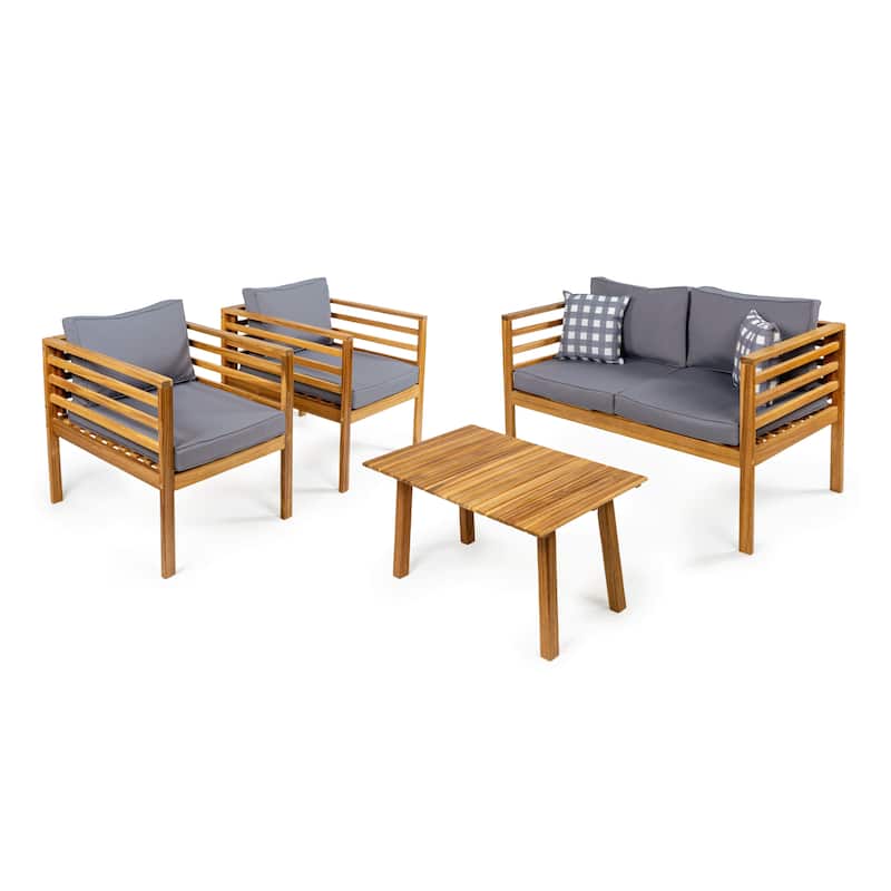 Everly 4-Piece Mid-Century Modern Acacia Wood Outdoor Patio Set with Cushions and Plaid Decorative Pillows, by JONATHAN Y - Gray
