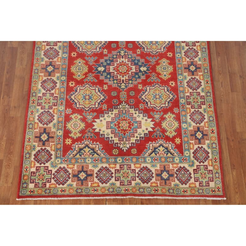 Geometric Red Kazak Area Rug Hand-Knotted Traditional Wool Carpet - 4'11" x 7'1"