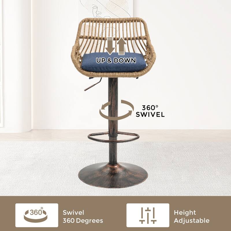 360° Swivel Bar Stools Set of 2, Adjustable Counter Height Chairs with Footrest, Rattan Bar Chairs with Cushions