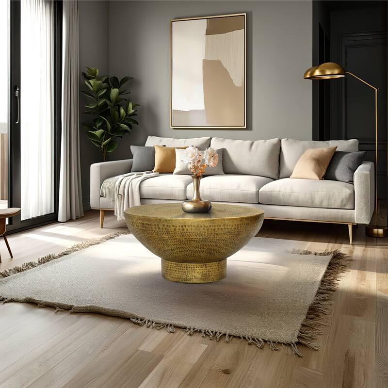 Orion Coffee Table | 32 Inch Round Martini Glass Shape |Hammered Antique Brass Finish