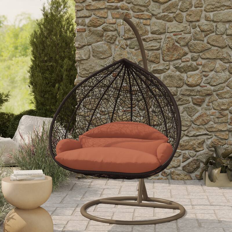 2-Person Egg Swing Chair in Brown Stainless Steel 2-Seater Porch Swing with Stand for Outdoor and Indoor - 77.95" Height