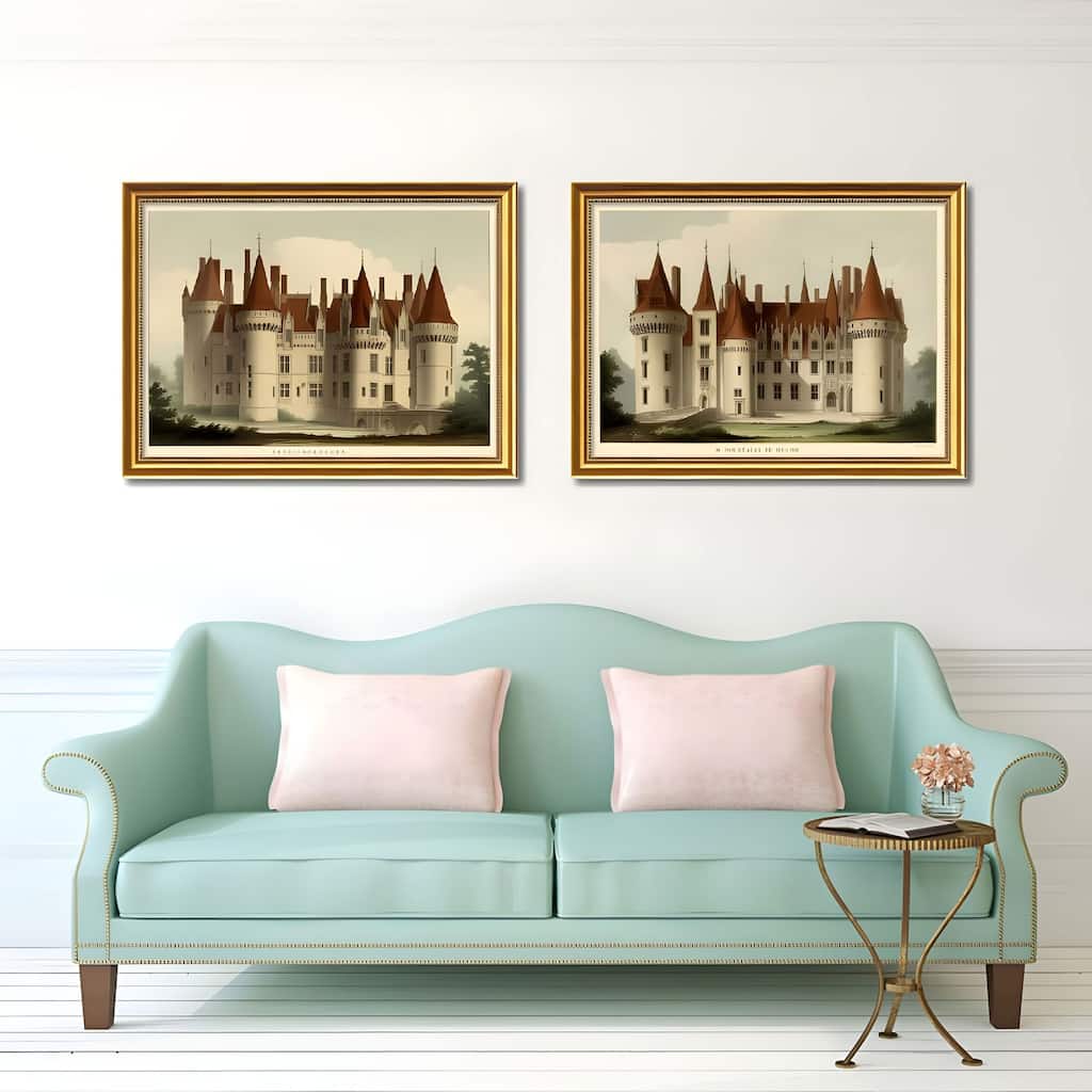 Set of 2 Vintage Castle Framed Wall Art - Replaceable Canvas Prints with Solid Wood Picture Frames, Antique Architecture