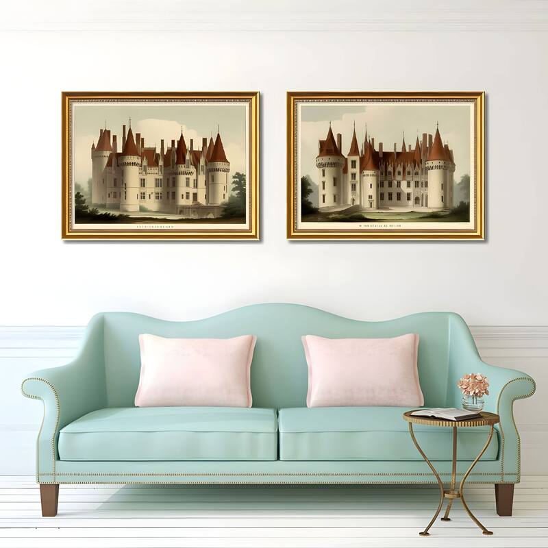 Set of 2 Vintage Castle Framed Wall Art - Replaceable Canvas Prints with Solid Wood Picture Frames, Antique Architecture - Gold