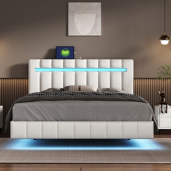 White Queen Upholstered Platform Bed Frame LED Floating Bed Frame with Stripes Headboard and USB Charging No Noise Bed Bed Bath Beyond 39386521