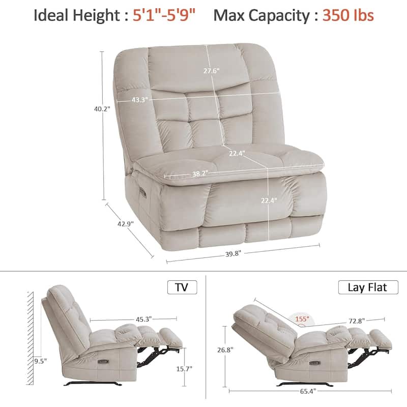 MCombo Oversized Dual Motor Armless Power Rocker Recliner Chair, Zeroarms Recliner Perfect for Living Room Fabric PR607