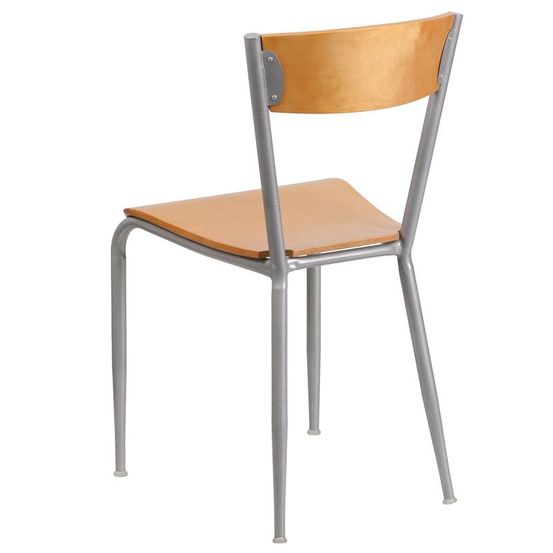 Silver Metal Restaurant Chair - Natural Wood Back & Seat - 16.75"W x 20"D x 32.25"H - 16.75"W x 20"D x 32.25"H