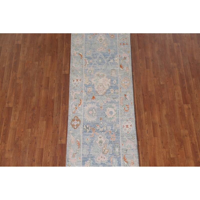 Hand Knotted Oriental 100% Wool Carpet Transitional All-Over Navy Blue & Blues Oushak Runner Rug - 9' 11'' X 2' 8''