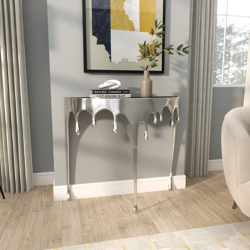 Aluminum Metal Accent, Console, and Coffee Table Collection with Drip Melting Design and Smoke Shaded Glass Top Multiple Colors