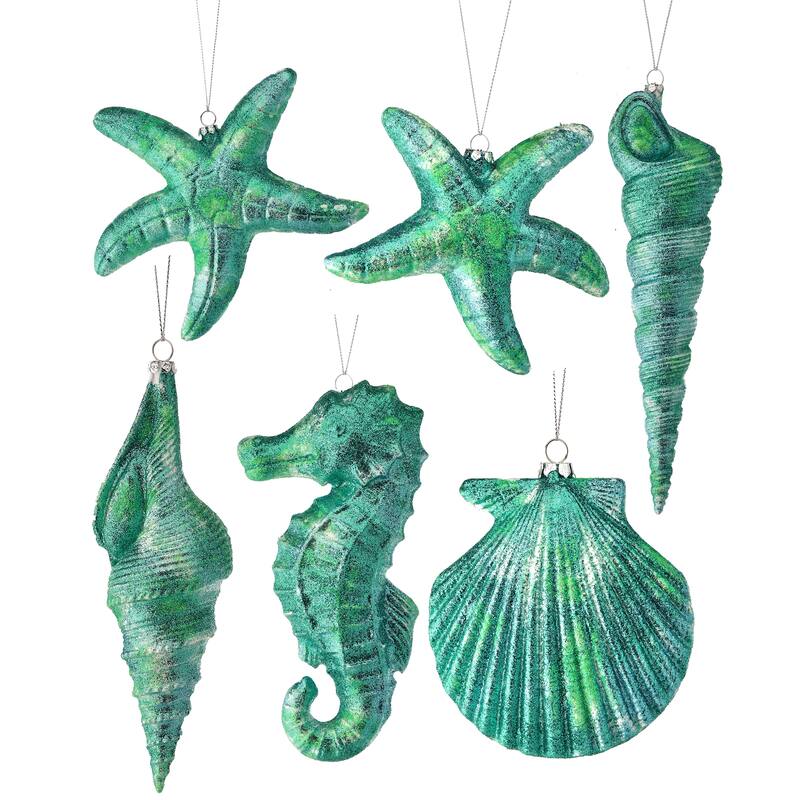 4-9"Plastic Glitter Seashore Ornament Set of 6 - 4" - 9"