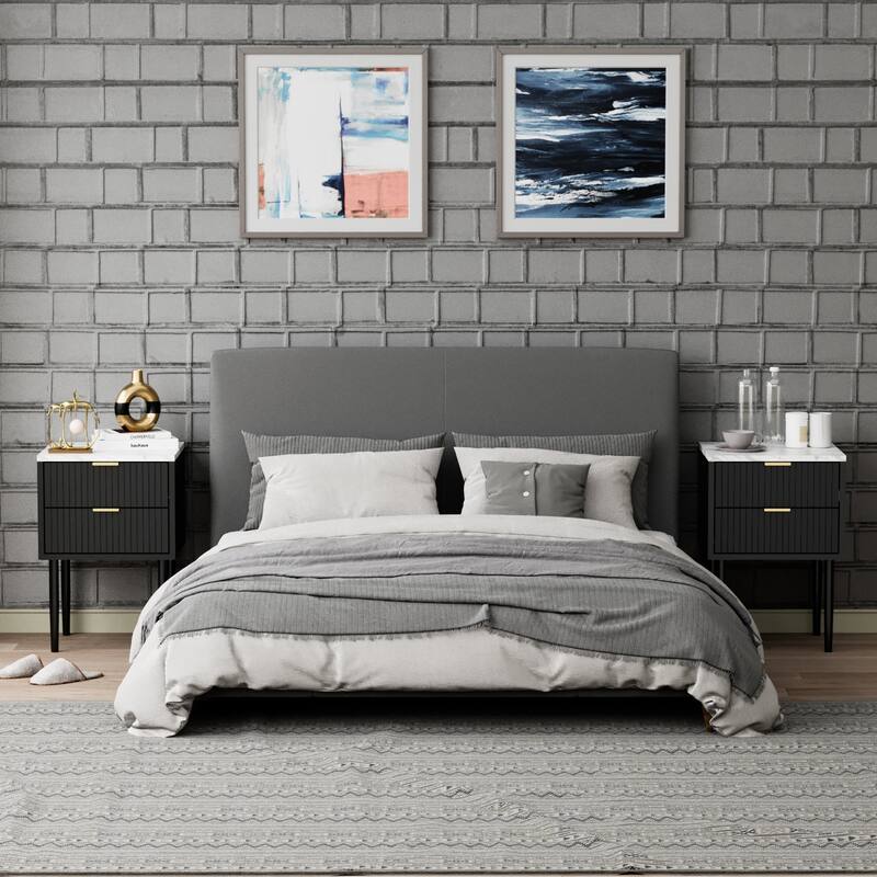 4 Drawers Dresser & 2 Nightstands Set Imitation Marble Top Gold Handles