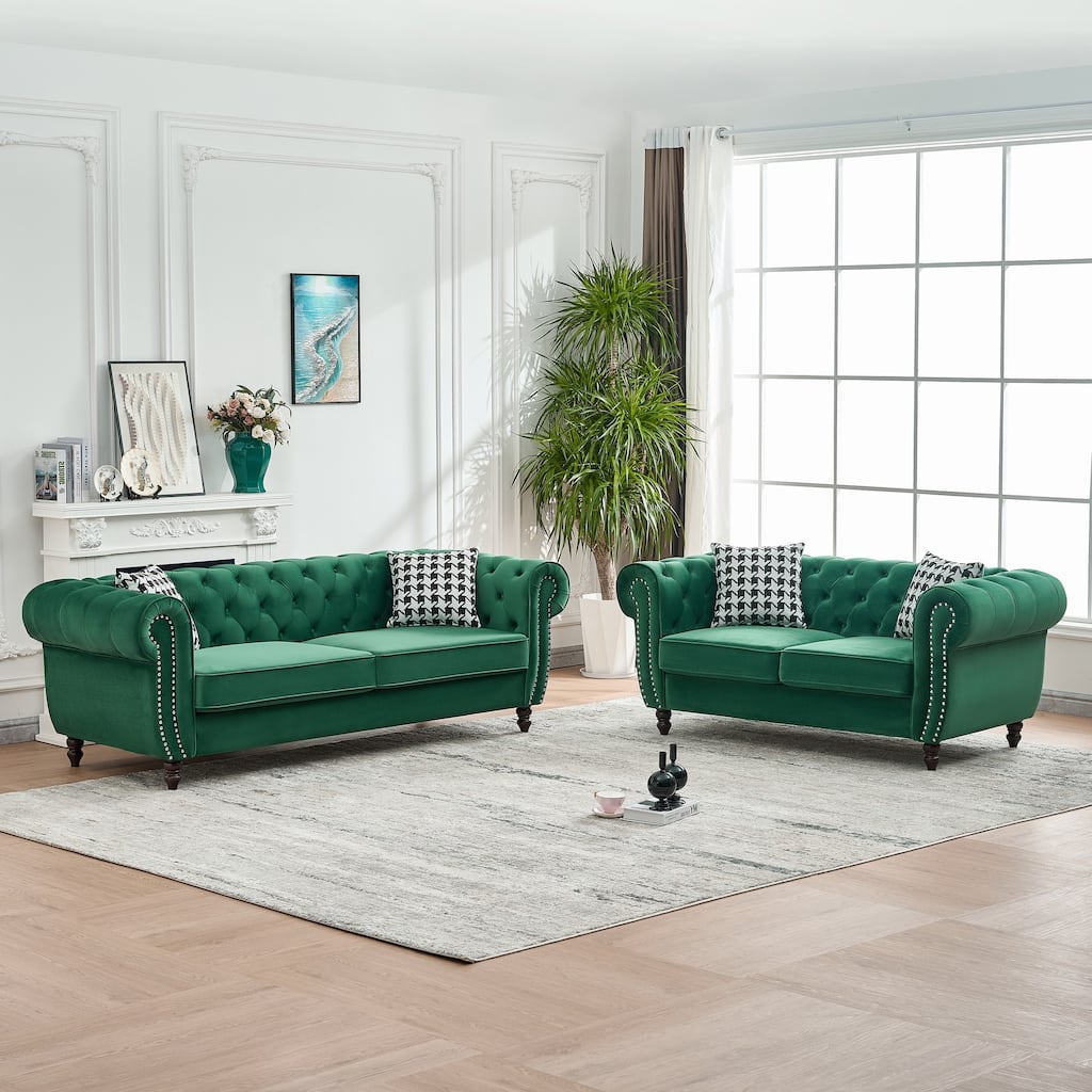 Roomfitters 85" + 65" Classic Chesterfield Upholstered Sofa and Loveseat Set, Scrolled Arm Couch with Button Back Design