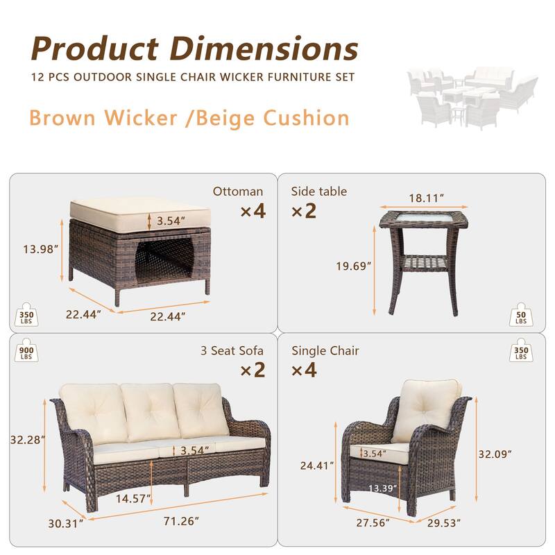 Brown Wicker Outdoor Patio Conversation Seating Sets with Beige Cushions