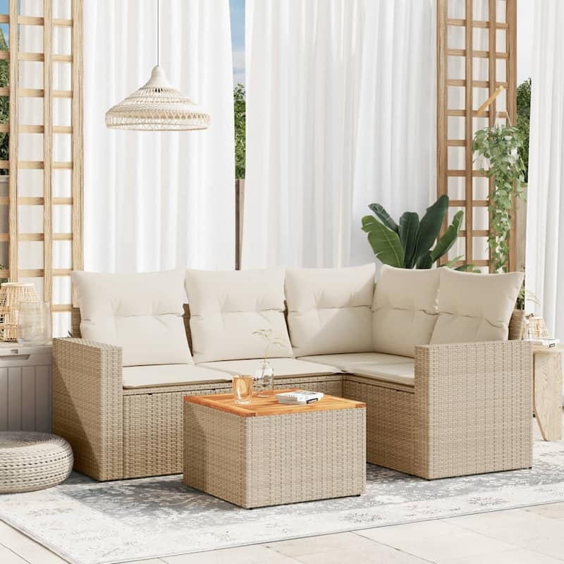 vidaXL Patio Sofa Set with Cushions Outdoor Furniture 5 Piece Poly Rattan - 25.8 x 24.4 x 27.2 - Beige and Cream