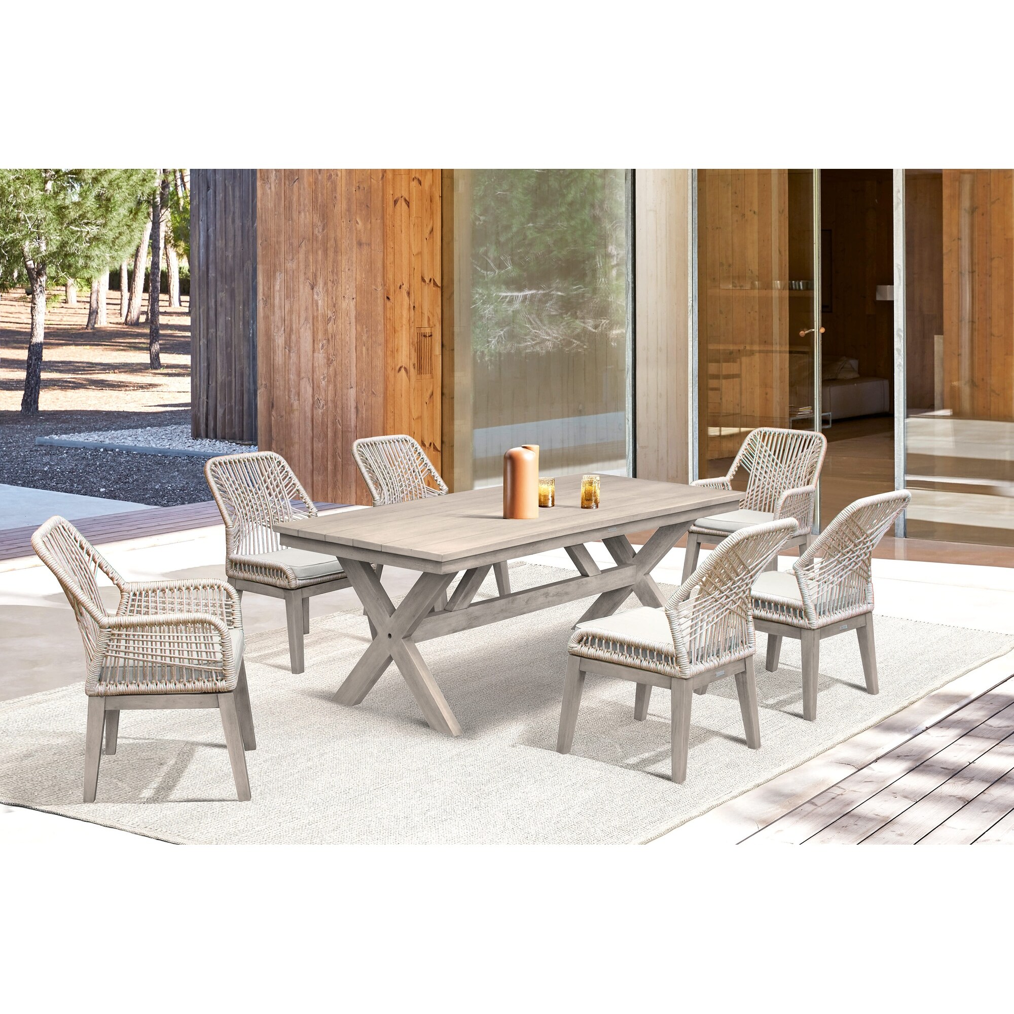 Costa 7 Piece Patio Outdoor Dining Set In Grey Acacia Wood And Rope