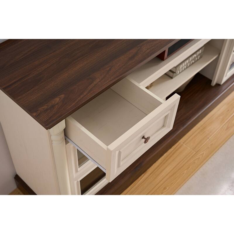 Farmhouse-Style Roman Column Styling Fireplace TV Stand with LED Lights, Glass Door Cabinets and Drawers, for Living Room