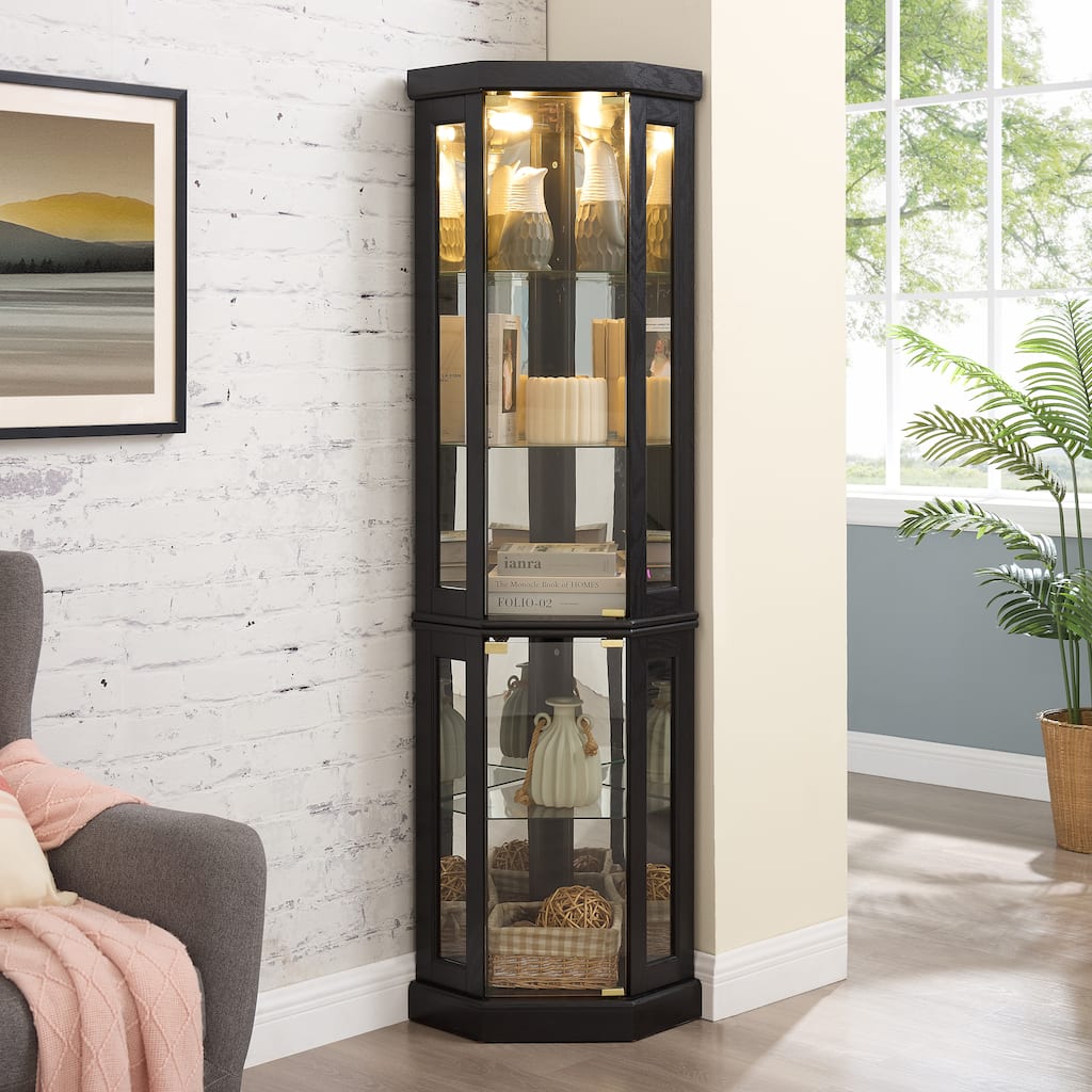 Lighted Corner Curio Cabinet - Display Case for Living Room, Antique Collectibles, Wine & Bar Glass Storage
