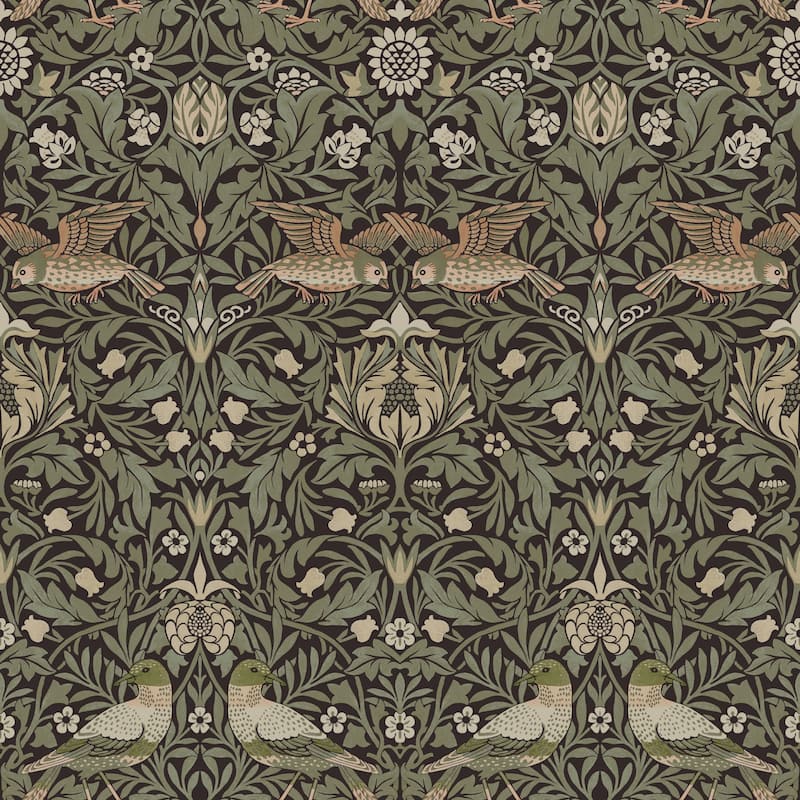 Bird Brown Floral Thicket Wallpaper