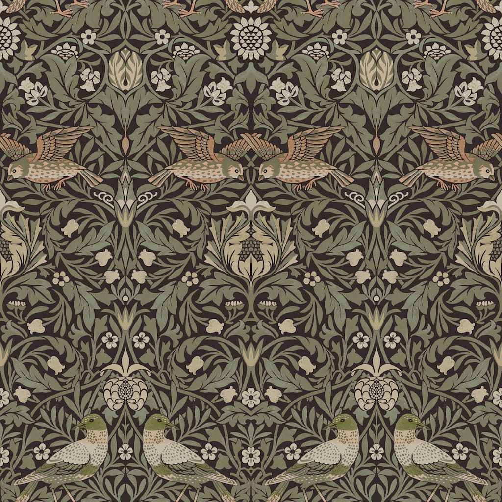 Bird Brown Floral Thicket Wallpaper