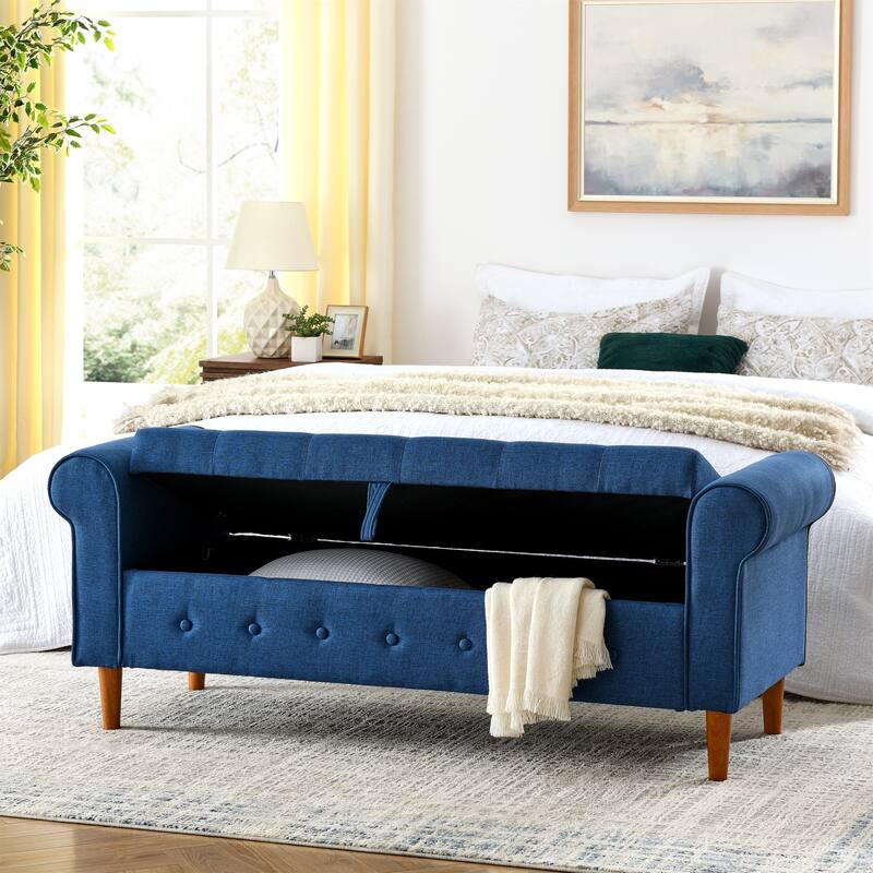 62" Bedroom Tufted Button Storage Bench Linen Upholstered Ottoman