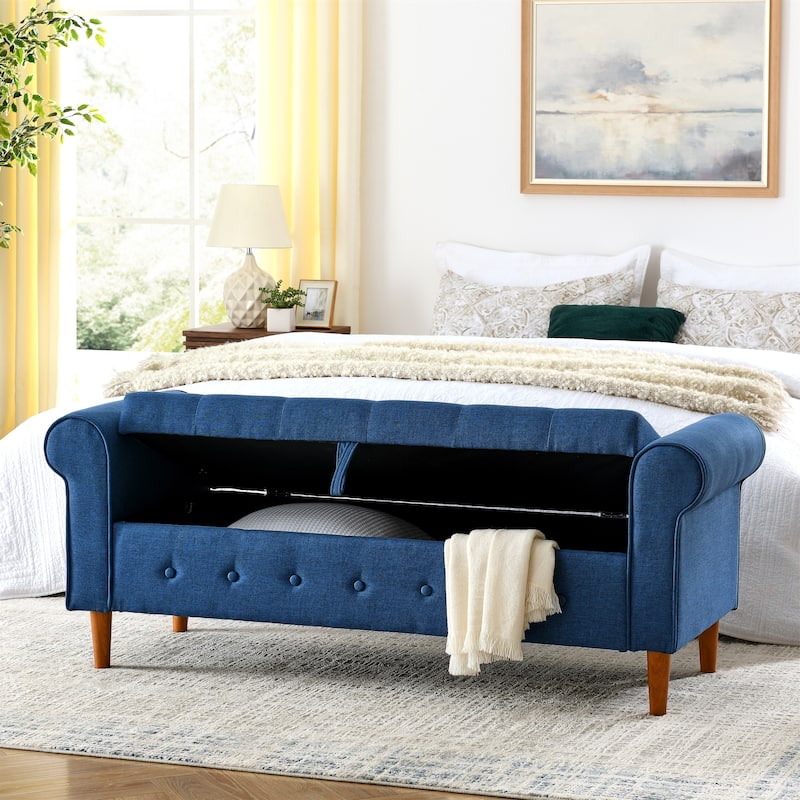 Modern Blue Tufted Button Storage Ottoman Bench - Blue - Large