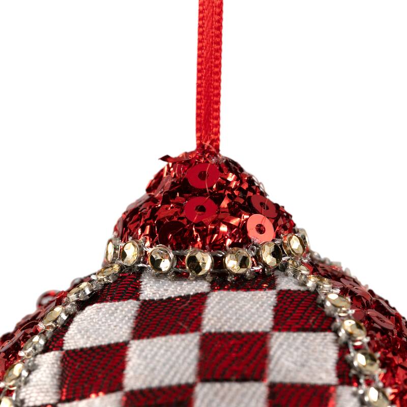 Sequined and Checkered Teardrop Christmas Ornaments - 4.75" - Red - Set of 2
