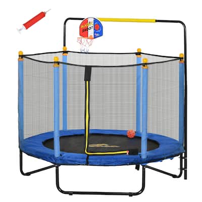 4.6' Kids Trampoline with Basketball Hoop Horizontal Bar 55" Indoor with Net Small Springfree for Ages 3-10 Blue