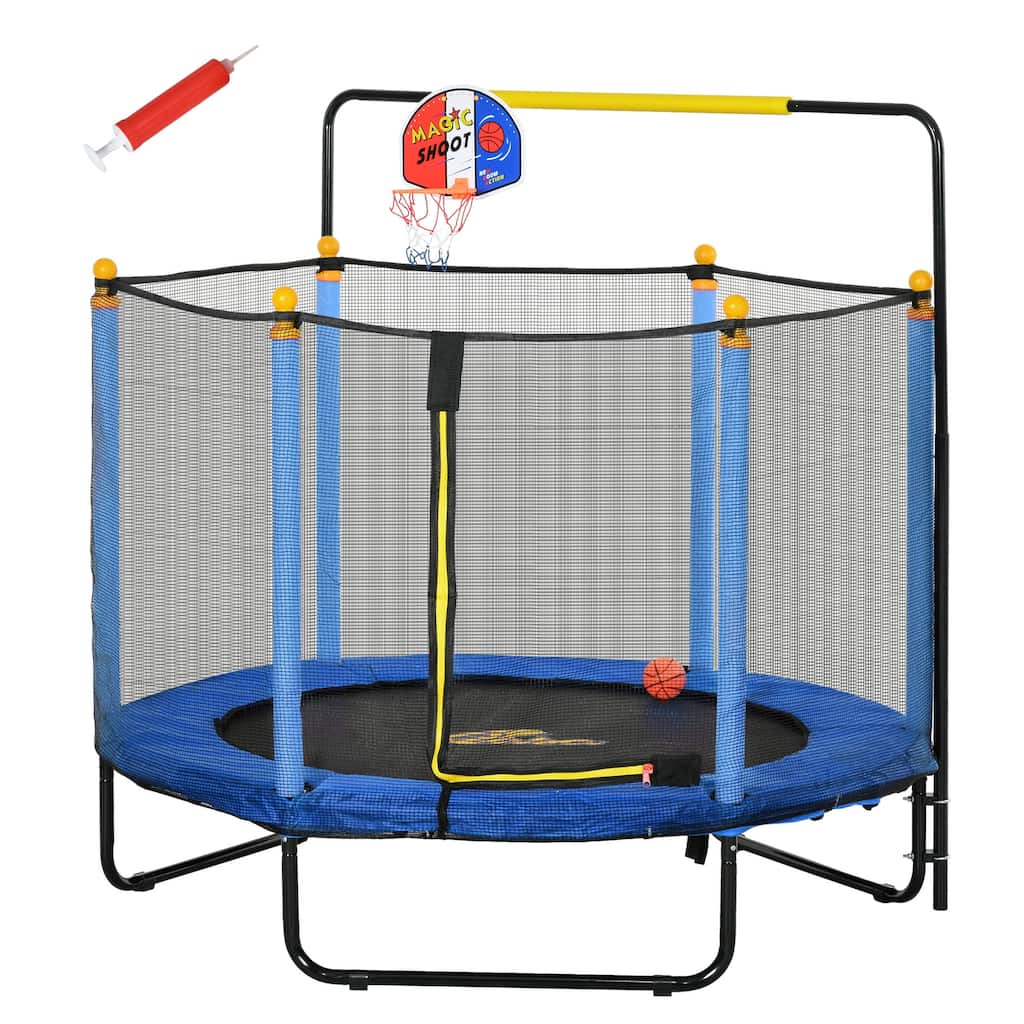4.6' Kids Trampoline with Basketball Hoop Horizontal Bar 55" Indoor with Net Small Springfree for Ages 3-10 Blue
