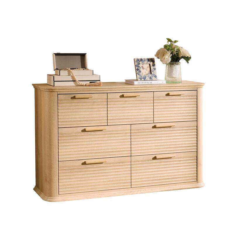 7 Drawer Dresser, 52" Wide Modern Wood Dresser for Bedroom, Chest of Drawers with Curved Profile Design - Oak
