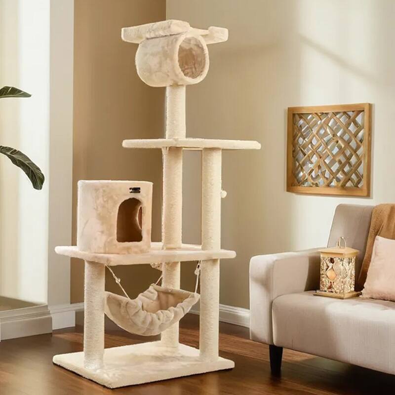 62" Real Wood Cat Tree With Scratch posts, Hammock - Beige