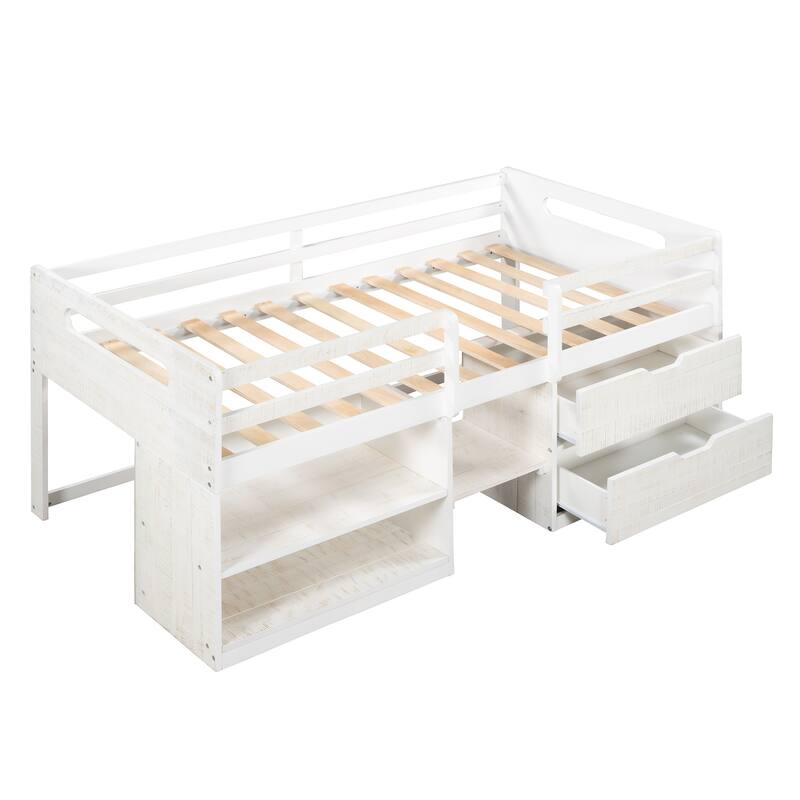 Twin Solid Pine Loft Bed with Shelves, Drawers, and Guardrail