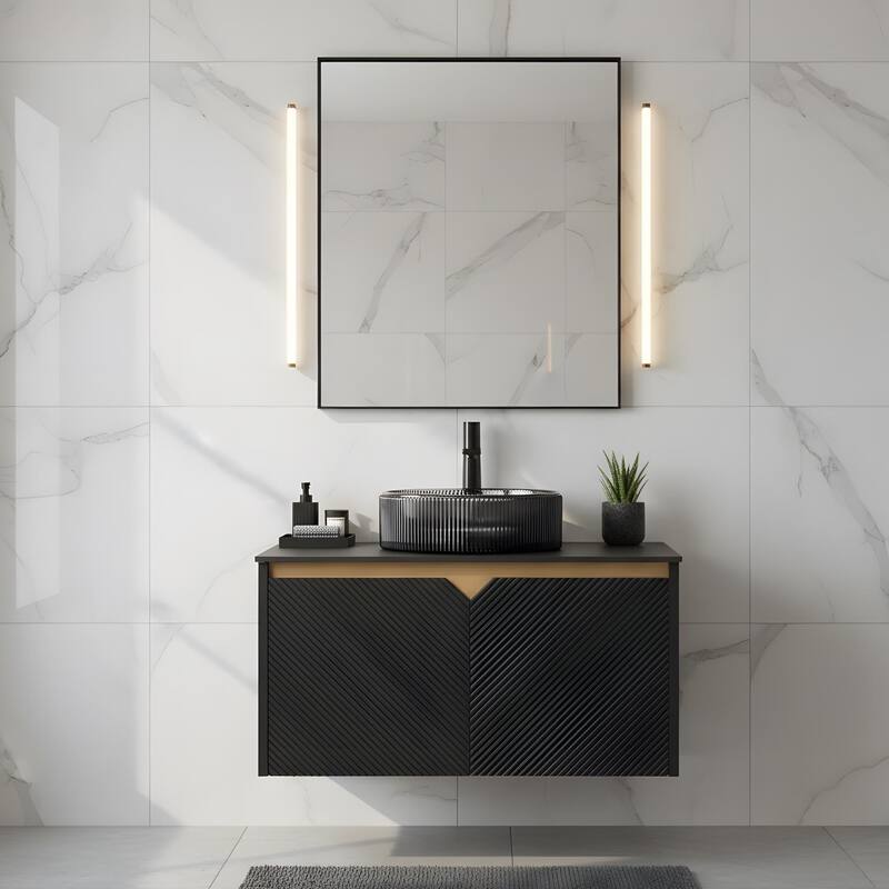 Wall-mounted Bathroom Vanity with Round Glass Basin - 30 - Black+Transparent Black