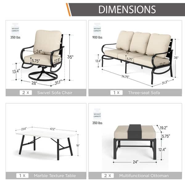 dimension image slide 8 of 14, MAISON ARTS 5/7/9-Seat Patio Conversation Set, Outdoor Sofa Set with Single Sofa Chairs, 3-Seater Sofa, Ottoman and Coffee Table