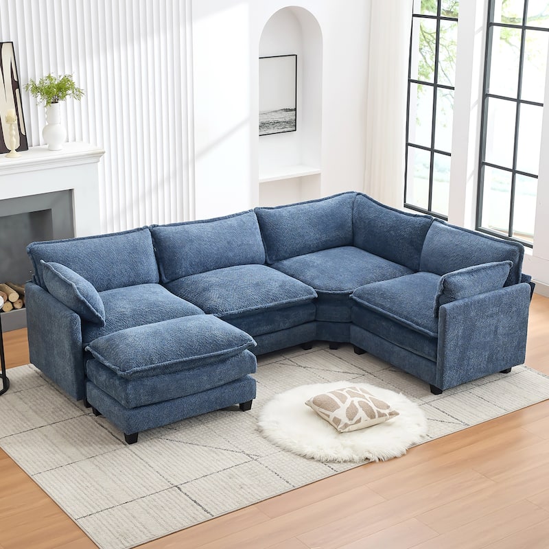 4-Seat Modular L-Shaped Corner Sectional Sofa with Ottoman, Soft Chenille Upholstery and Deep Seating for Living Room - Royalblue-4 Seat