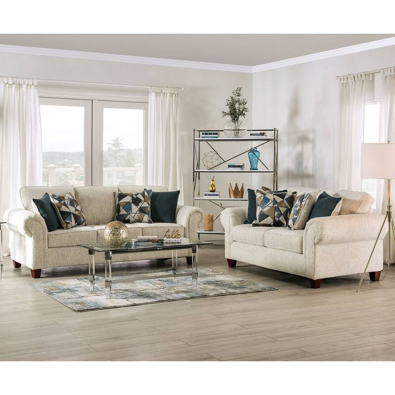 Mecia Transitional Chenille Rolled Arms 2-Piece Sofa Set by Furniture of America - Beige