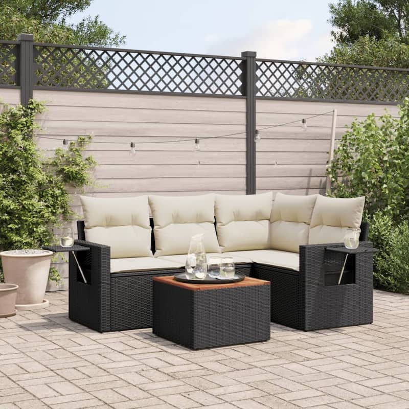 vidaXL Garden Sofa Set 5 Piece with Cushions Outdoor Sofa Set Poly Rattan - 21.7 x 21.7 x 14.6 in (W x L x H) - Black and Cream