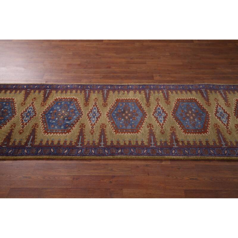 Geometric Green Viss Oriental Runner Rug Handmade Wool Carpet - 2'6"x 9'8"