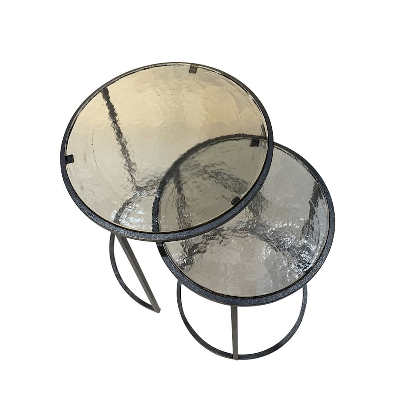 HomeRoots Set of Two Clear and Gunmetal Glass and Iron Round Frame Nested Tables - 18.5 in. x 22 in. x 18.5 in.