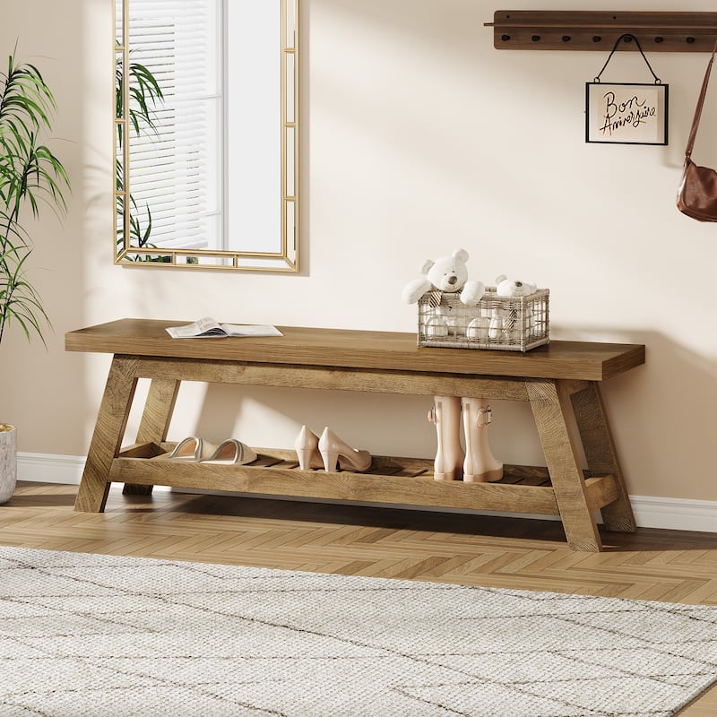 2-Tier Entryway Shoe Bench with Storage, 55-Inch Long Wood Storage Bench for Living Room, Bedrooms