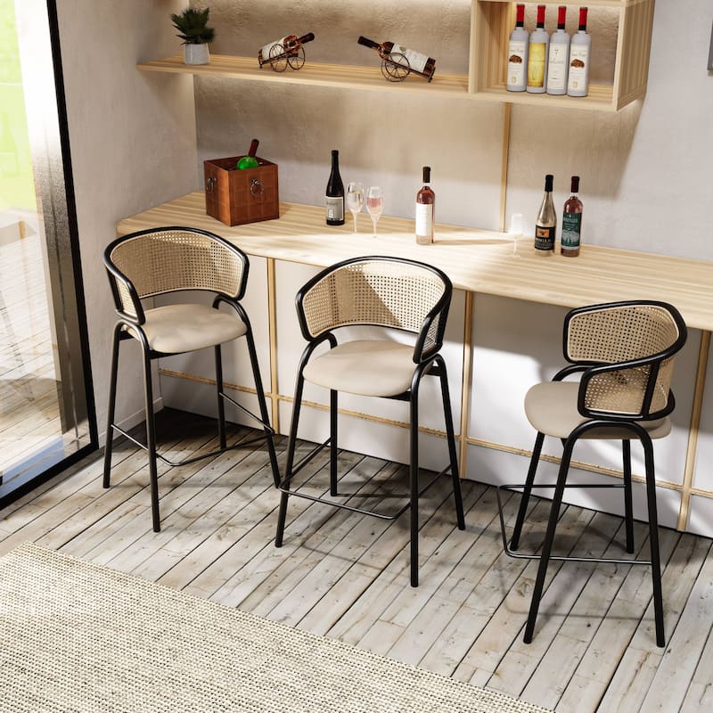 LeisureMod Ervilla Modern Wicker Leather Bar Stool with Curved Back & Stainless Steel Frame for Home & Kitchen