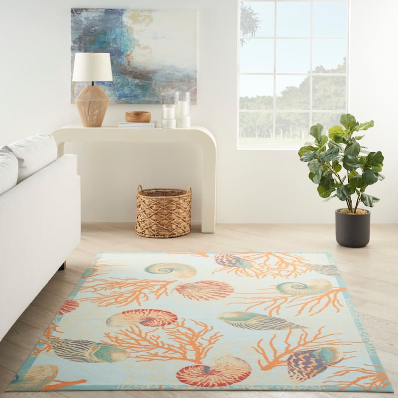 Waverly Sun & Shade Shore Thing Tropical Sea Shell Floral Indoor Outdoor Area Rug - 6'6" x 9'6" - Light Blue