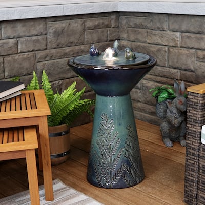 Sunnydaze Gathering Birds Ceramic Outdoor Fountain with LED Lights - 28.25-Inch