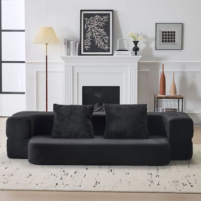 Transformable Sectional Sofa with 3 Ottomans - Fold-Out Bed, Compact Chenille Lounger in Black Faux Fur for Small Spaces