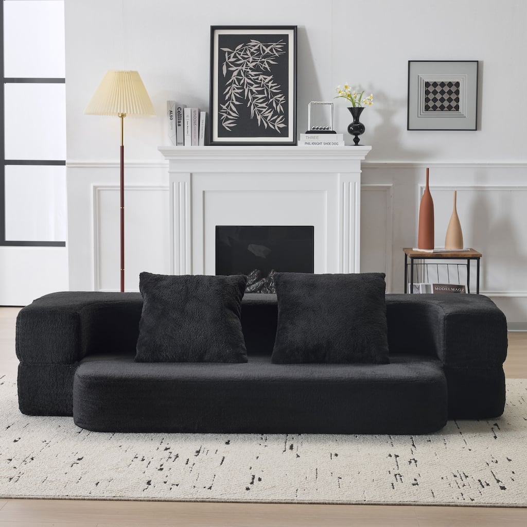 Transformable Sectional Sofa with 3 Ottomans - Fold-Out Bed, Compact Chenille Lounger in Black Faux Fur for Small Spaces