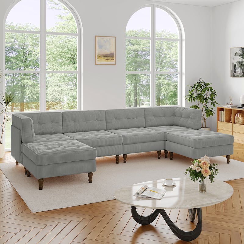 130"W Corduroy Upholstered Modular Sectional Sofa with Storage Ottoman