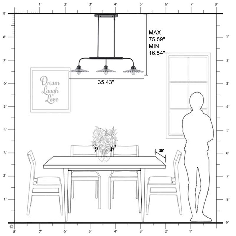 3-Light Black Linear Pendant Light with Pleated Clear Glass Shades - Dia.35.43-in