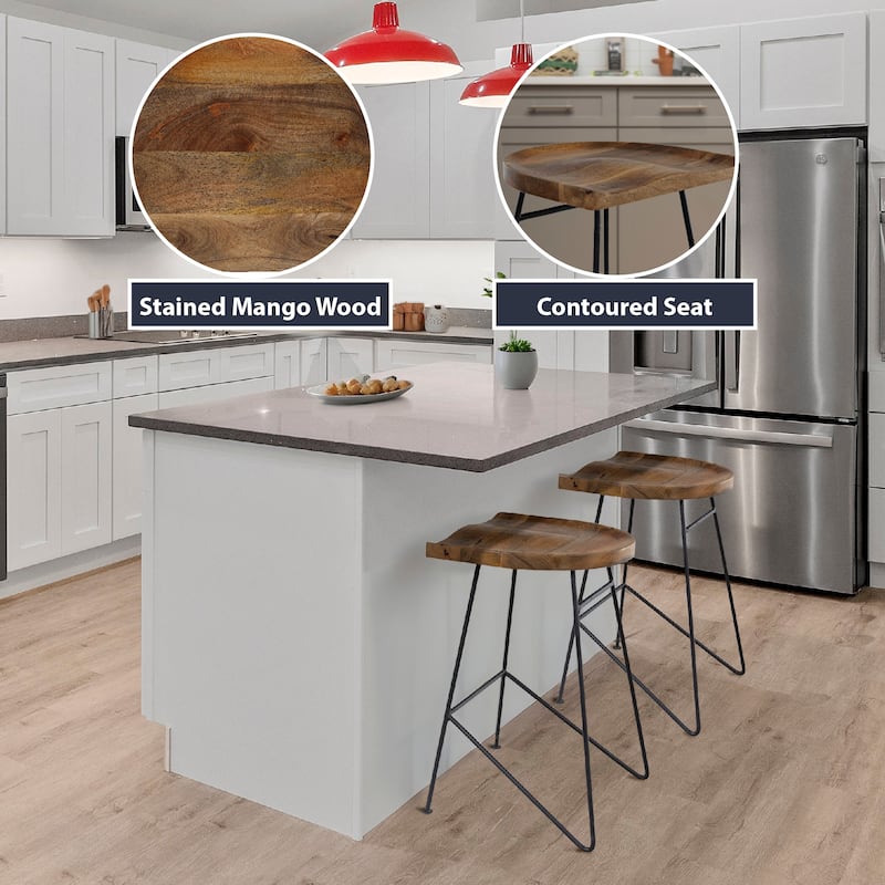 Modern Industrial Bar Stool - Mango Wood Seat and Metal Legs Counter Height Stool