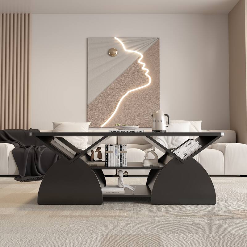 Engineered wood rounded corner rectangular coffee table for living room, easy assembly storage table