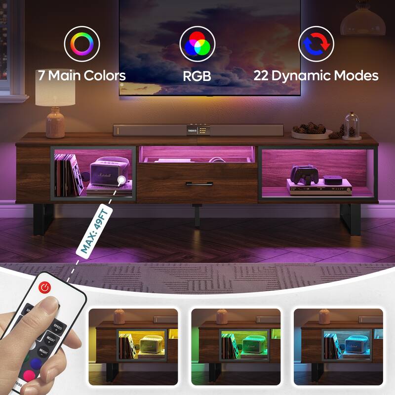 70" Led TV Stand for 75/80 inch TV, Glossy Media Console with Half-Glass Drawer